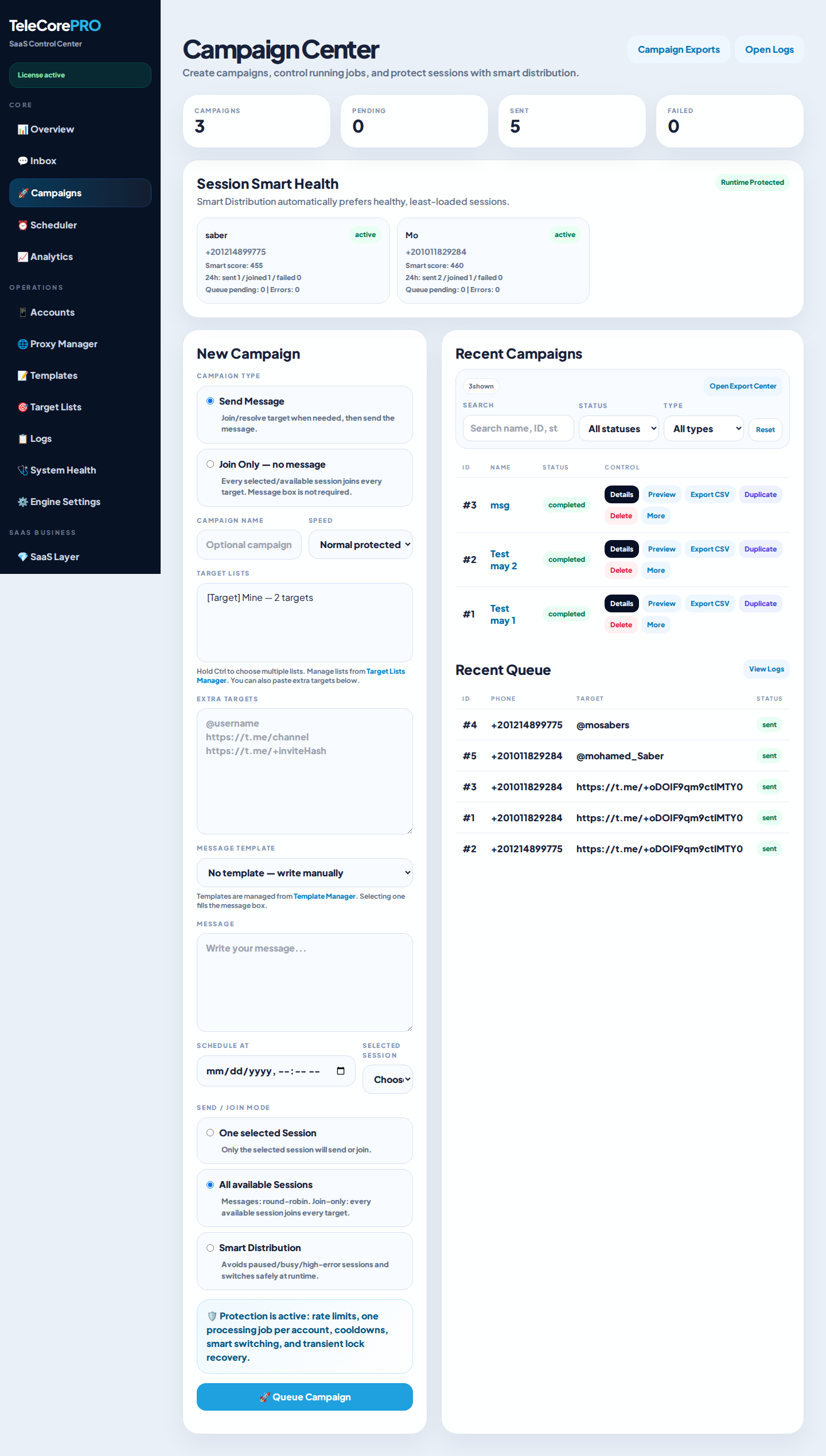 TeleCore Campaign management screenshot