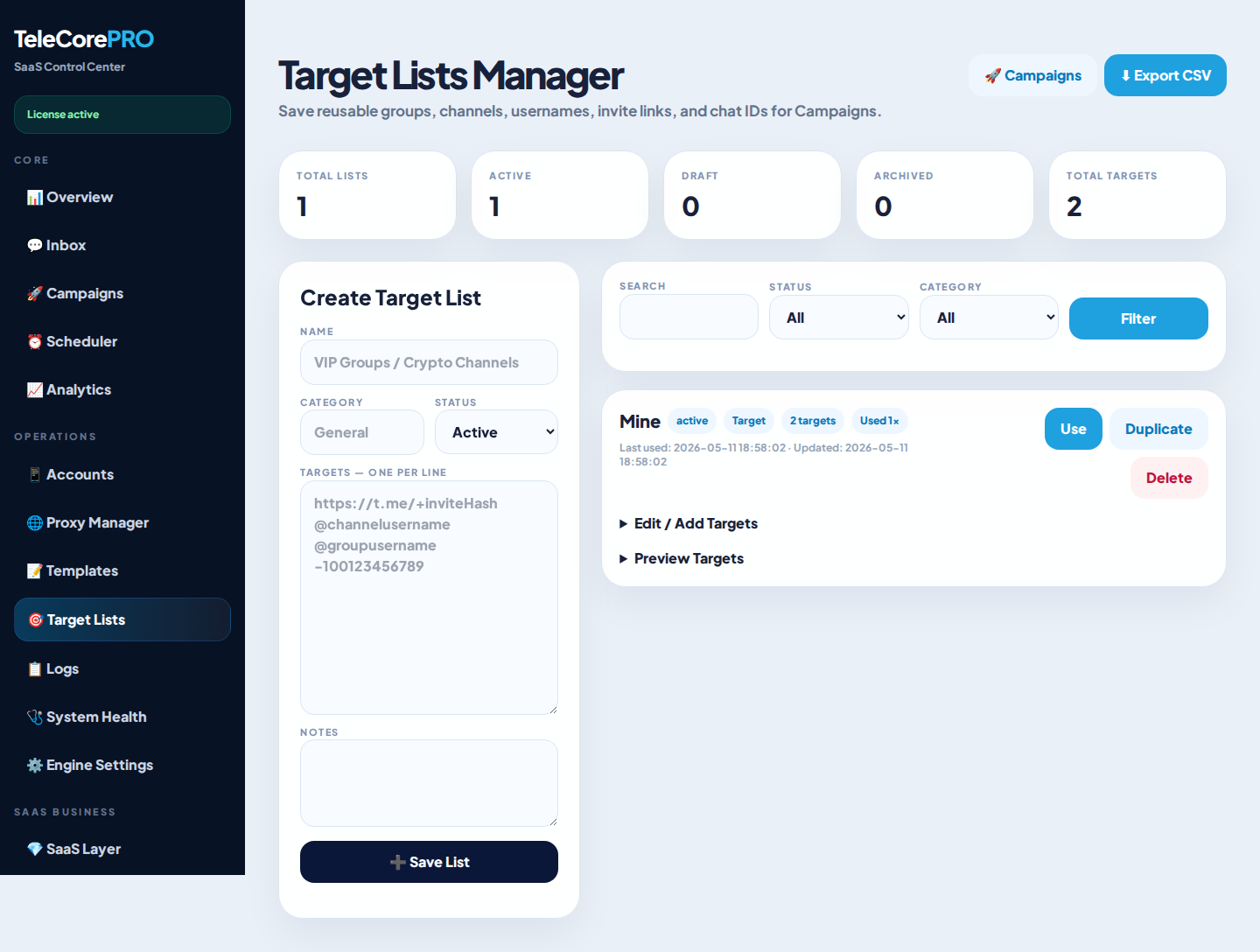 TeleCore Target lists screenshot